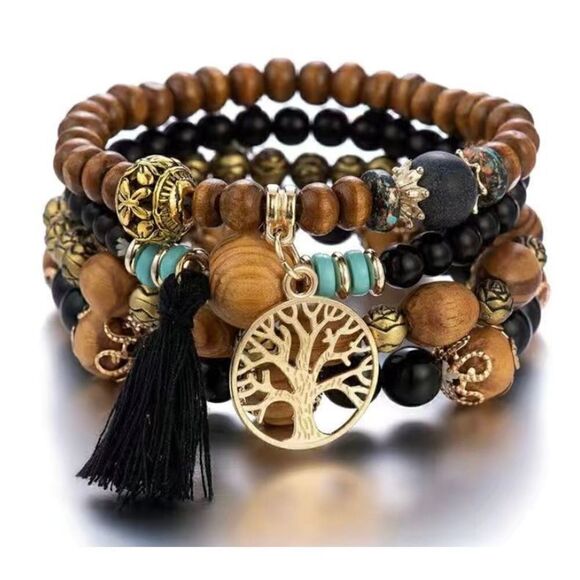 NWT 4 PC Multilayered Brown Wooden Boho Round Beaded Bracelet Jewelry Set - Picture 1 of 4